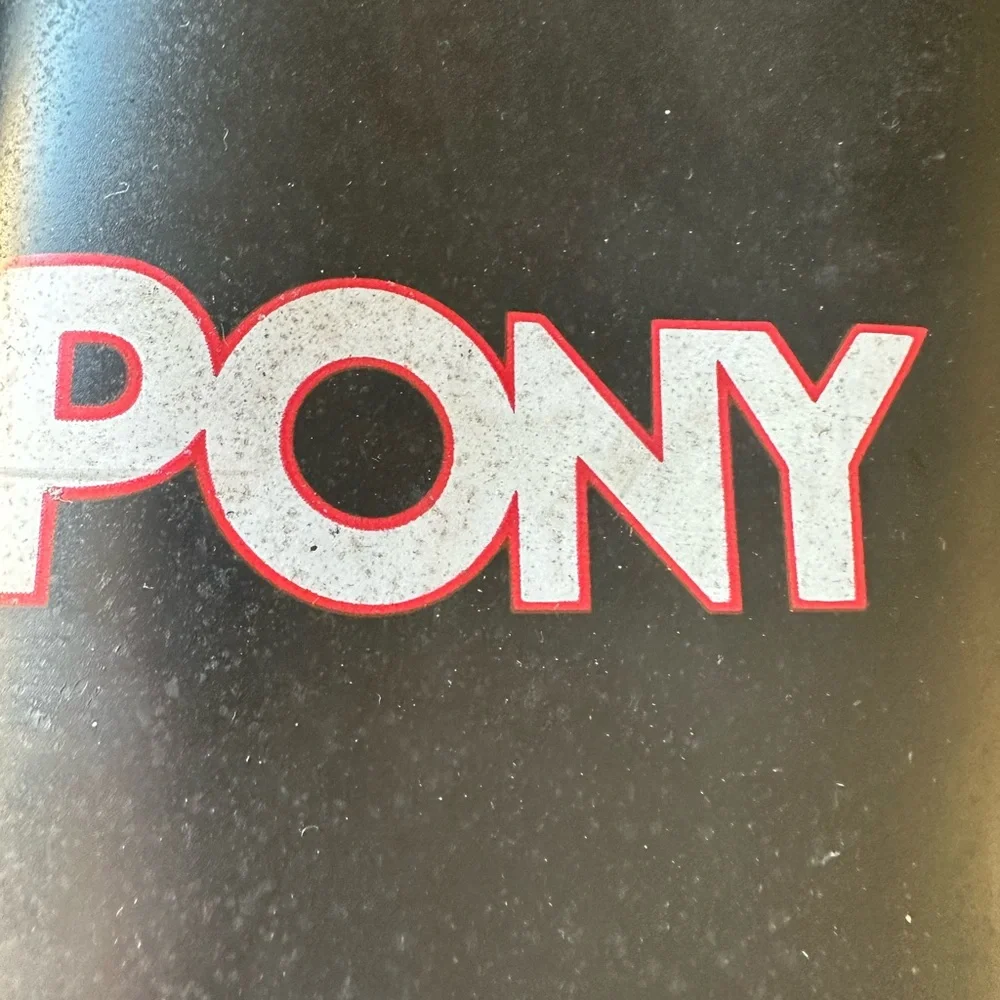 Pony Black Slide Sandals with White and Red Logo